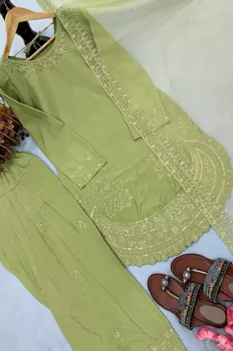 Green Palazzo Set With Dupatta Floral Suit Set