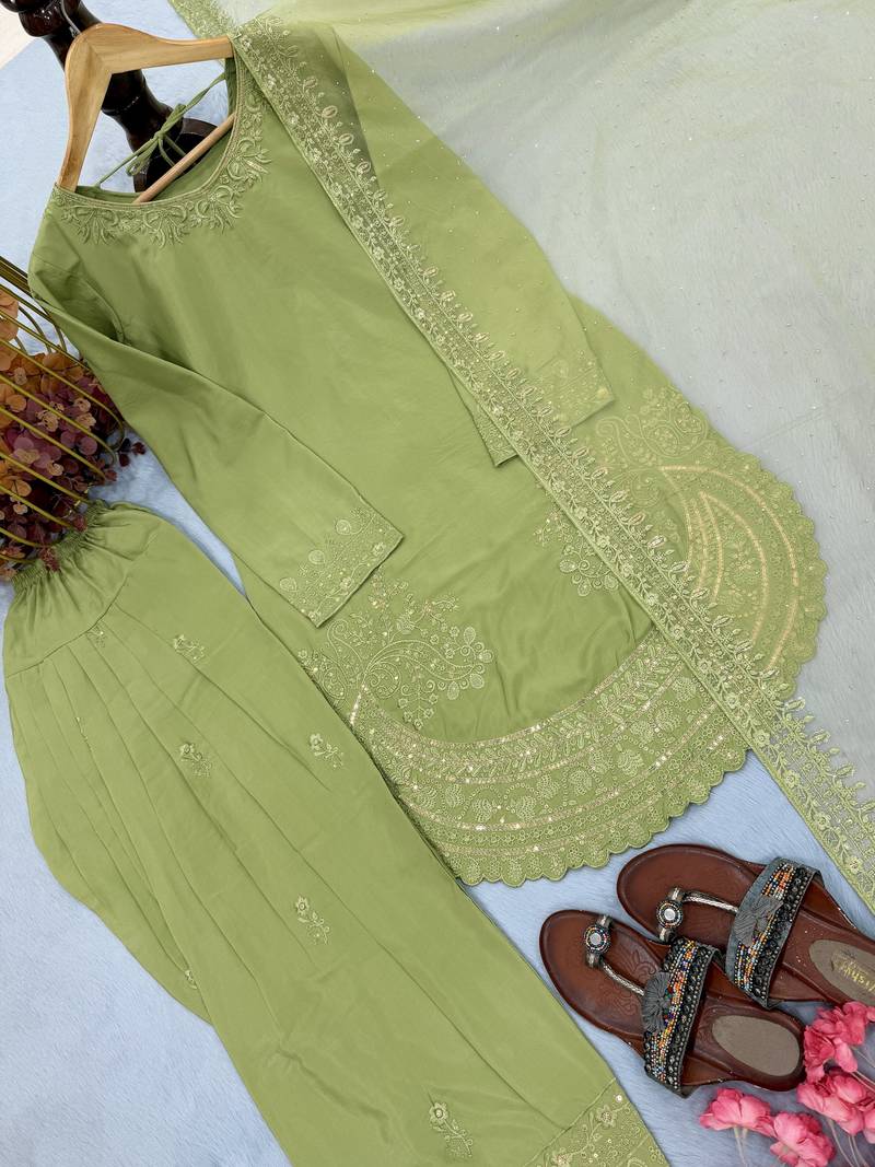 Green Palazzo Set With Dupatta Floral Suit Set