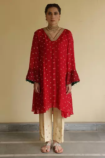 Red embroidered silk kurta set