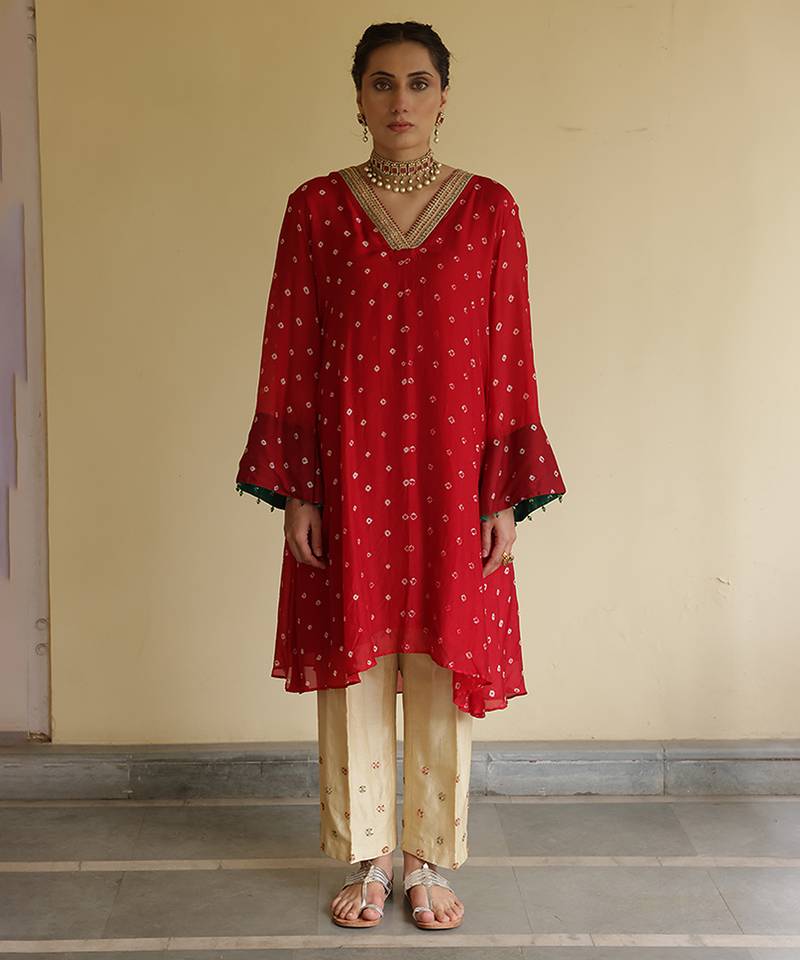 Red embroidered silk kurta set