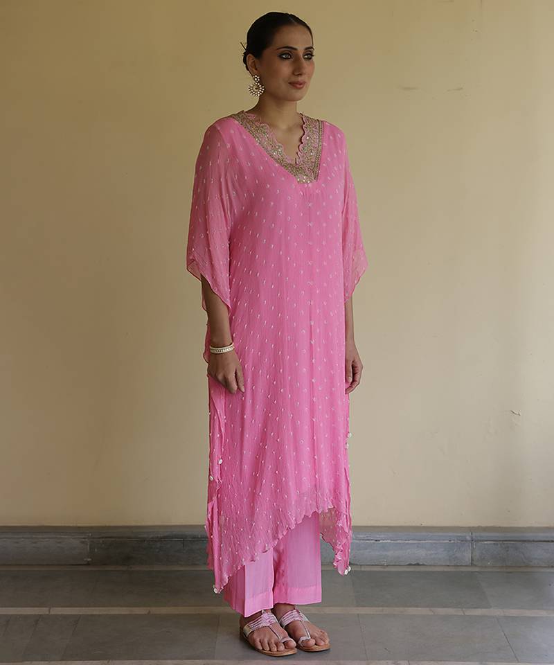 Pink embroidered chiffon kaftan