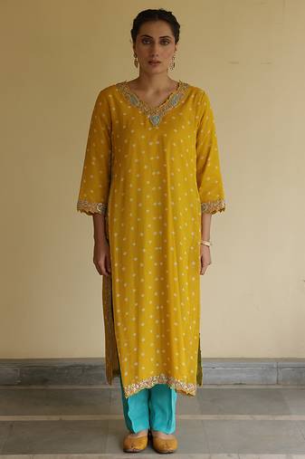 Yellow embroidered chiffon kurta set