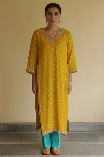 Yellow embroidered chiffon kurta set