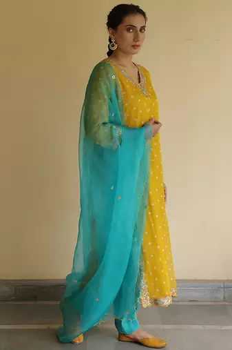Yellow embroidered chiffon kurta set
