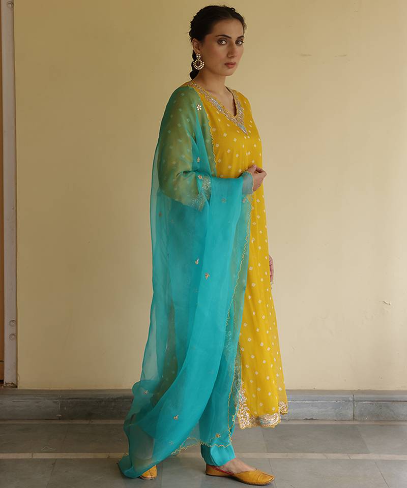 Yellow embroidered chiffon kurta set