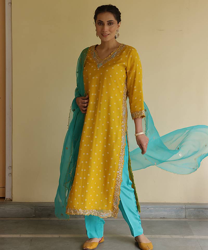 Yellow embroidered chiffon kurta set