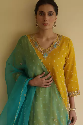 Yellow embroidered chiffon kurta set