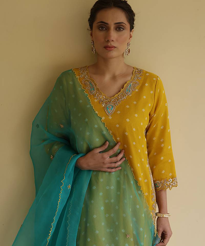 Yellow embroidered chiffon kurta set