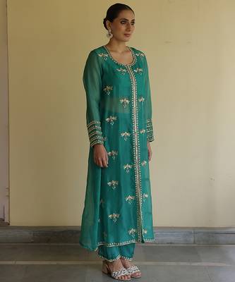Teal green embroidered organza kurta set 1