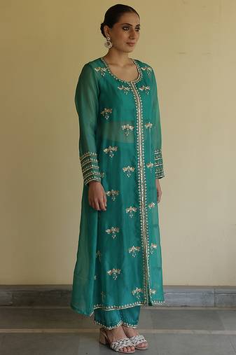Teal green embroidered organza kurta set