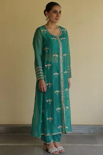 Teal green embroidered organza kurta set