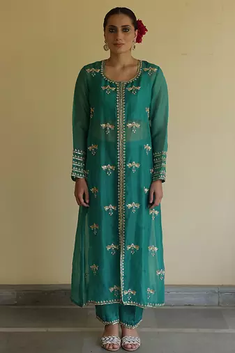 Teal green embroidered organza kurta set