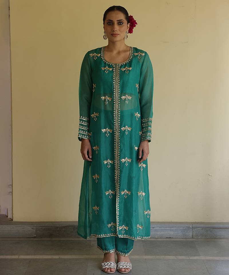 Teal green embroidered organza kurta set