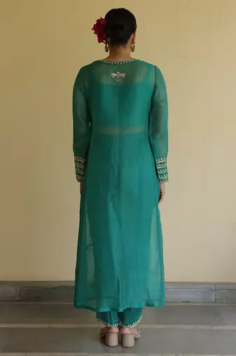 Teal green embroidered organza kurta set