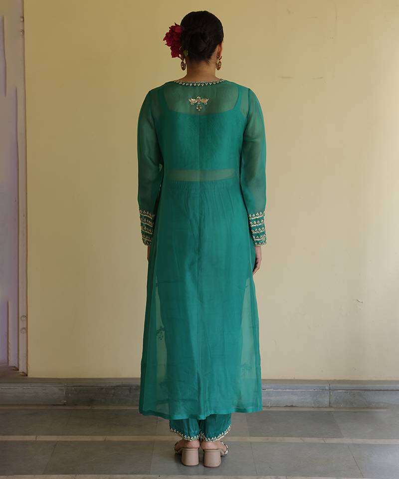 Teal green embroidered organza kurta set