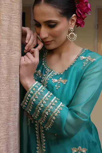 Teal green embroidered organza kurta set