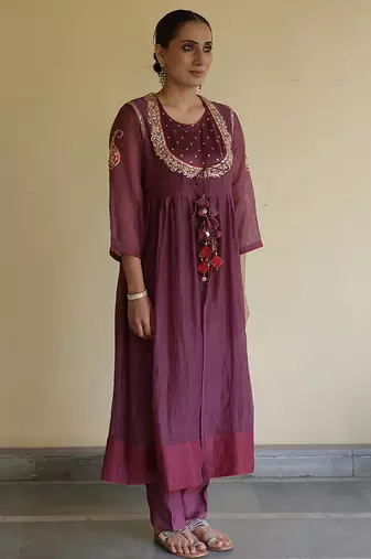 Purple wine embroidered chanderi kurta set