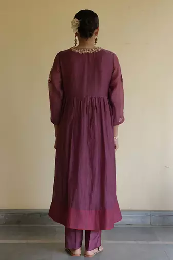 Purple wine embroidered chanderi kurta set