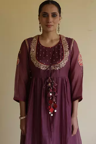 Purple wine embroidered chanderi kurta set