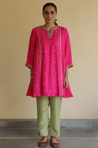 Pink embroidered silk kurta set