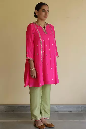 Pink embroidered silk kurta set