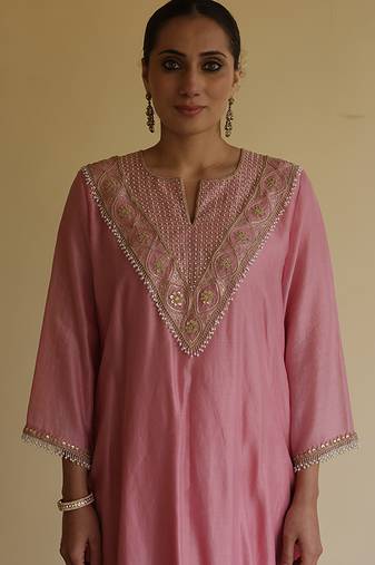 Pink embroidered chanderi kurta set