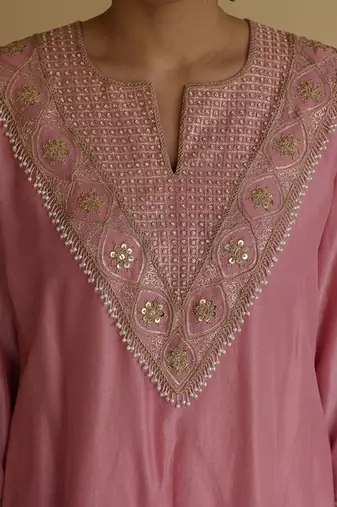 Pink embroidered chanderi kurta set