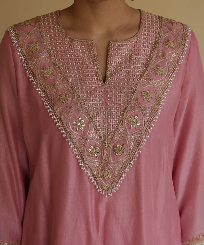 Pink embroidered chanderi kurta set