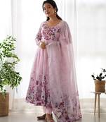 Baby pink organza anarkali set with floral print dupatta and pant