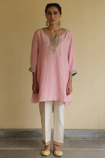 Peach embroidered silk kurta set