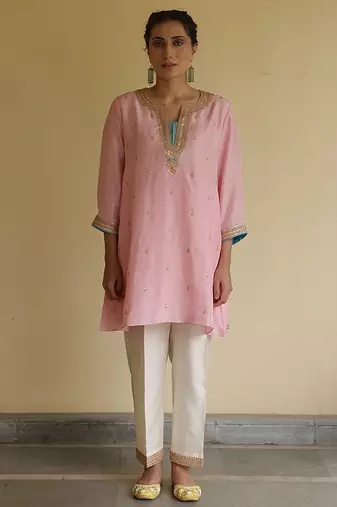 Peach embroidered silk kurta set
