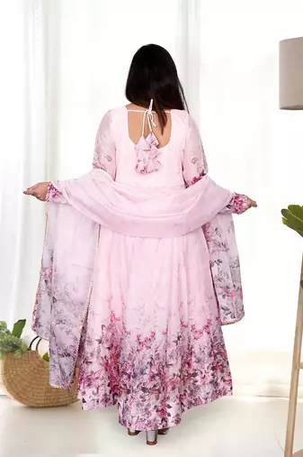 Baby pink organza anarkali set with floral print dupatta and pant