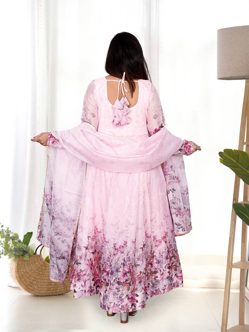 Baby pink organza anarkali set with floral print dupatta and pant