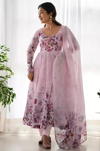 Baby pink organza anarkali set with floral print dupatta and pant