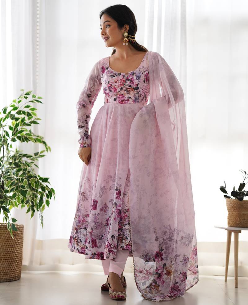Baby pink organza anarkali set with floral print dupatta and pant