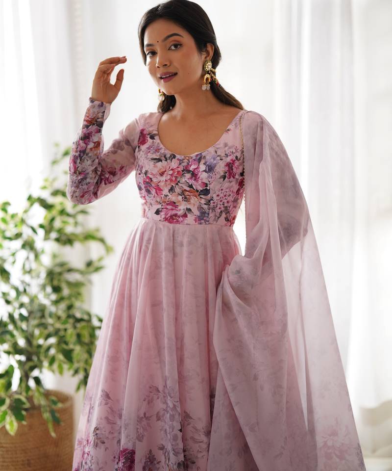 Baby pink organza anarkali set with floral print dupatta and pant
