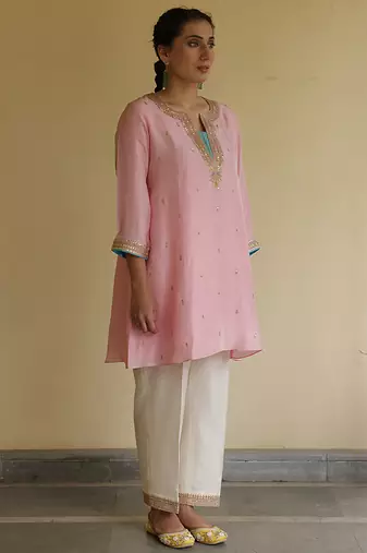 Peach embroidered silk kurta set