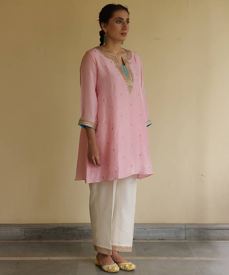 Peach embroidered silk kurta set