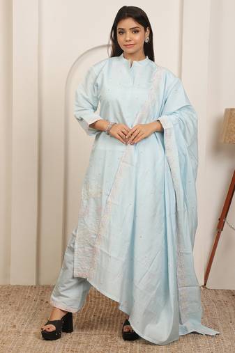 Iceblue embroidery work cotton blend kurta trousers with dupatta.