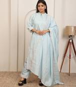 Iceblue embroidery work cotton blend kurta trousers with dupatta.