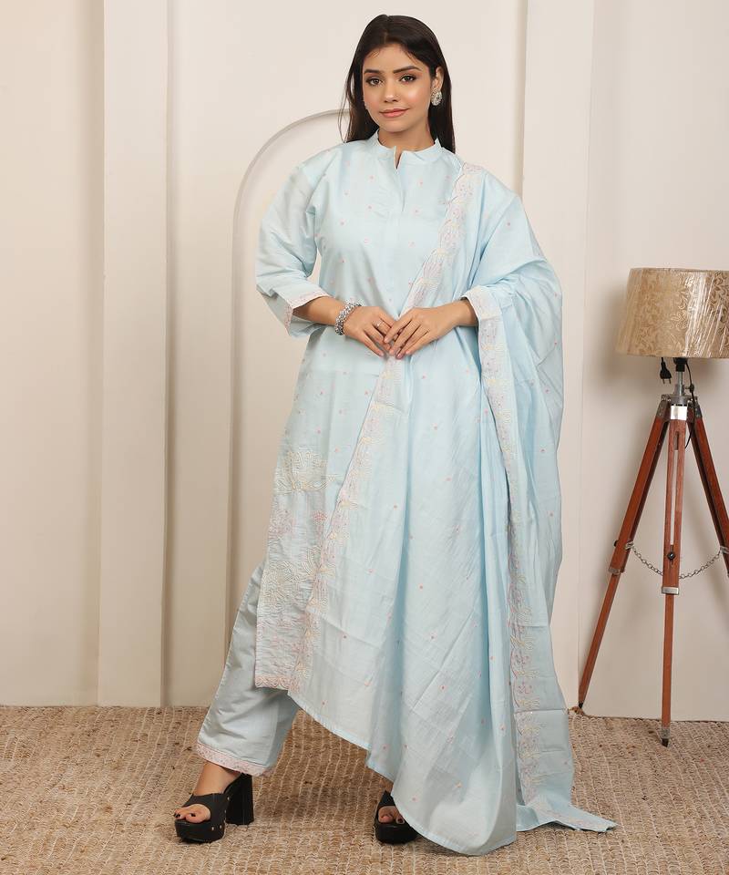 Iceblue embroidery work cotton blend kurta trousers with dupatta.
