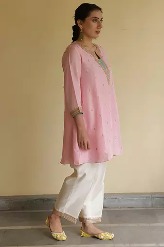 Peach embroidered silk kurta set