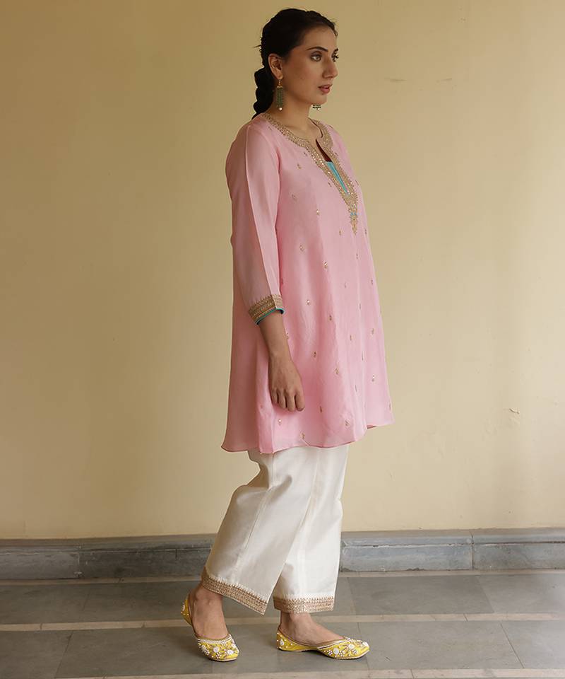 Peach embroidered silk kurta set