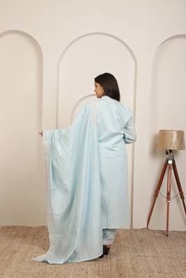 Iceblue embroidery work cotton blend kurta trousers with dupatta. 2