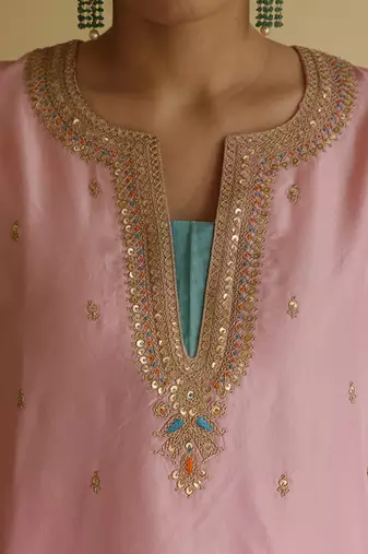 Peach embroidered silk kurta set