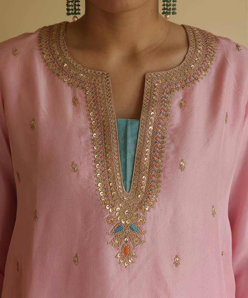Peach embroidered silk kurta set