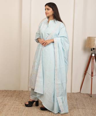 Iceblue embroidery work cotton blend kurta trousers with dupatta. 3