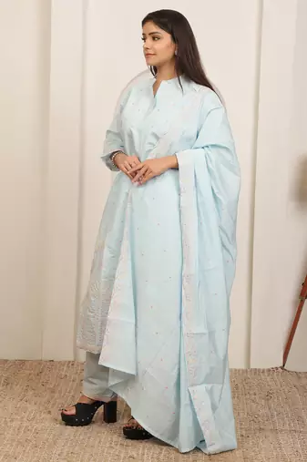 Iceblue embroidery work cotton blend kurta trousers with dupatta.
