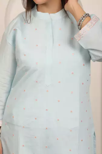 Iceblue embroidery work cotton blend kurta trousers with dupatta.