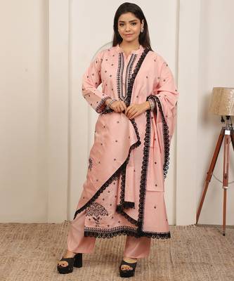 Peach embroidery work cotton blend kurta trousers with dupatta. 1